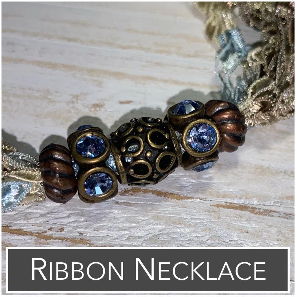 Necklace Strand of Blue, Sage, Bronze Ribbons, Bronze Beads & Blue Stones Accent - Picture 4 of 11
